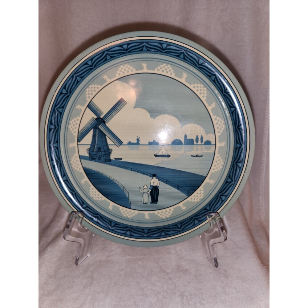 Metal Dutch Scene Tray Blue Made in England Windmill Boats wooden shoes